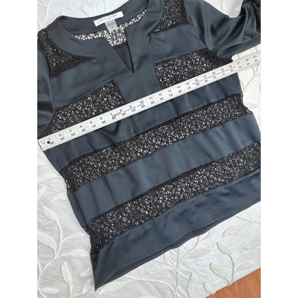Peter Nygard Petite Black Lace Striped Trim V-Neck 3/4 Sleeve Tunic Top Size 12 - Picture 6 of 9